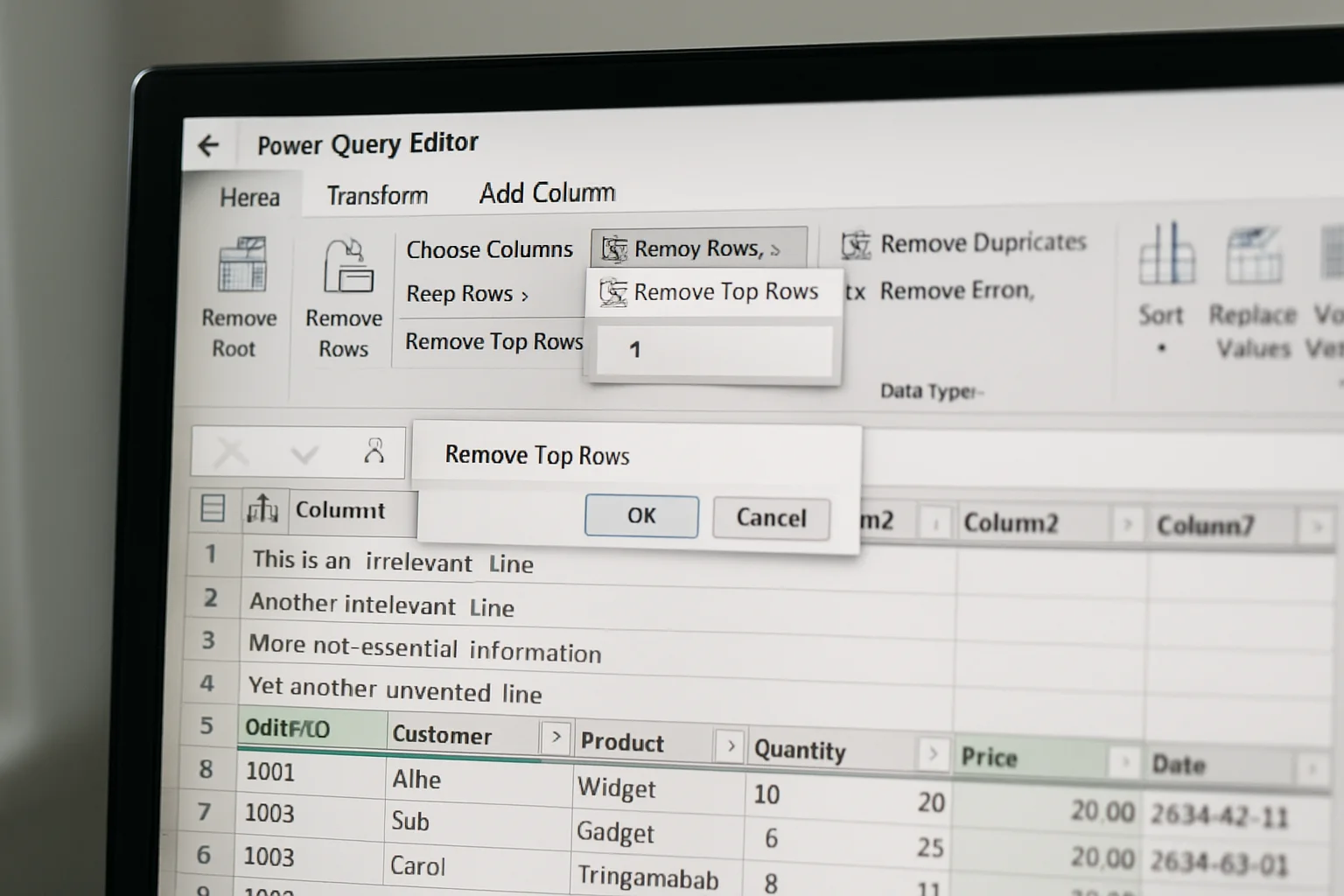 Éditeur Power Query affichant un aperçu de fichier CSV avec plusieurs lignes parasites en haut, juste avant leur suppression pour préparer les en-têtes.