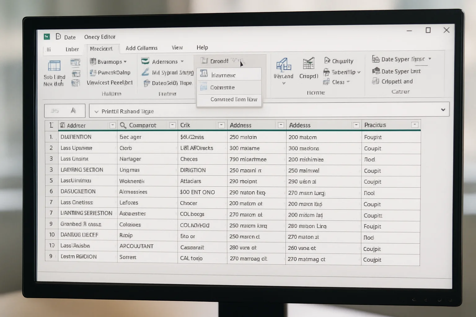 Éditeur Power Query montrant un tableau CSV pendant le nettoyage de champs texte avec espaces superflus, casse incohérente et valeurs hétérogènes.