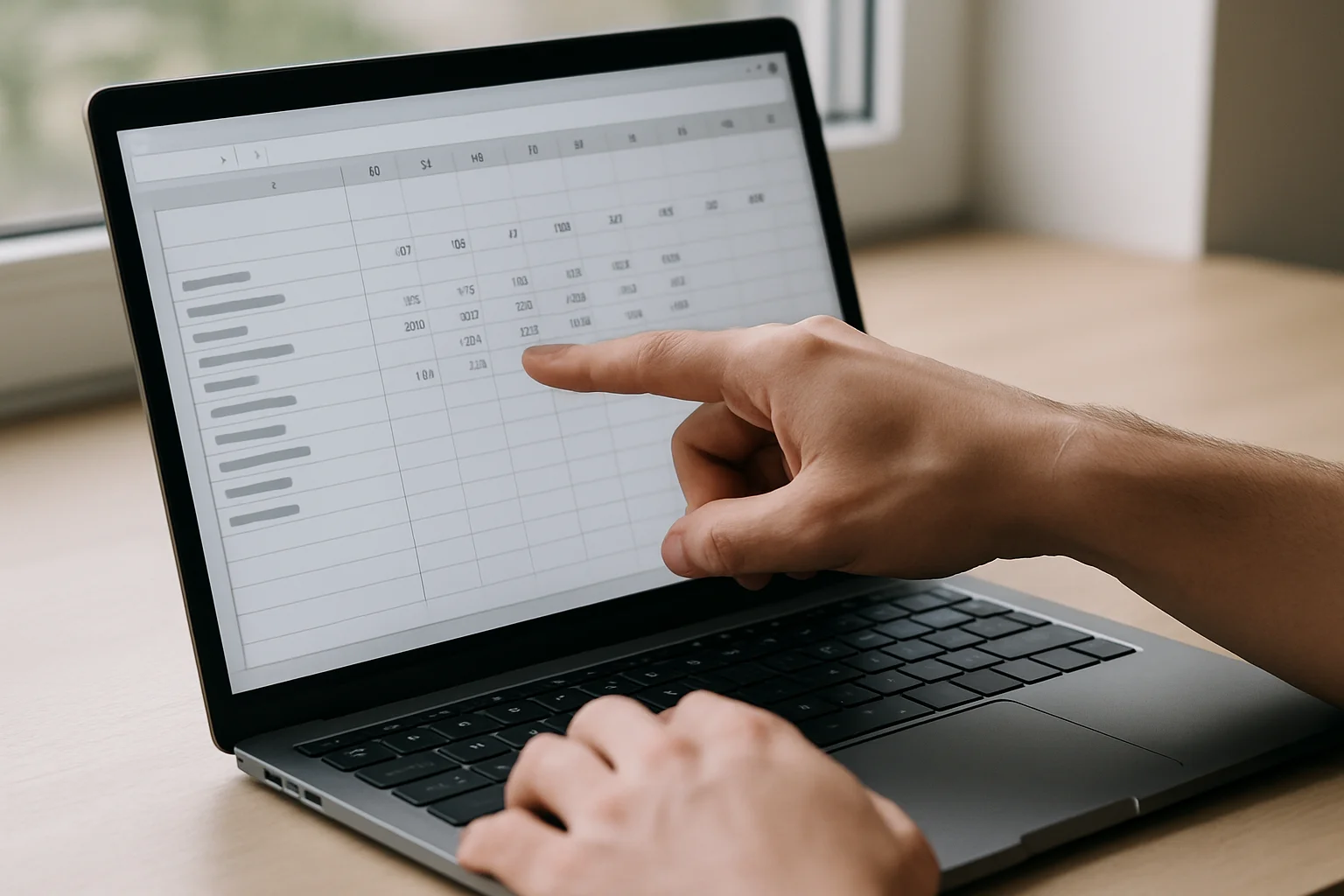 Saisie d’un budget prévisionnel dans un tableur sur ordinateur portable, avec des cellules remplies par catégories et par mois.