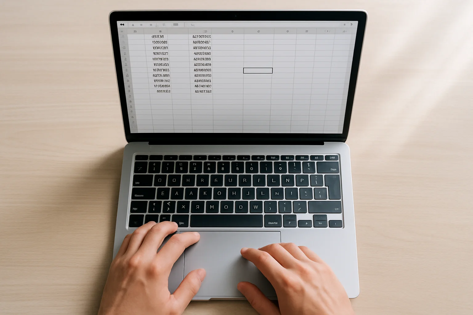 Vue en plongée d’un ordinateur portable avec un tableur affichant des lignes d’employés et des dates, une cellule de résultat sélectionnée pour calculer les années complètes, avec des mains près du clavier.