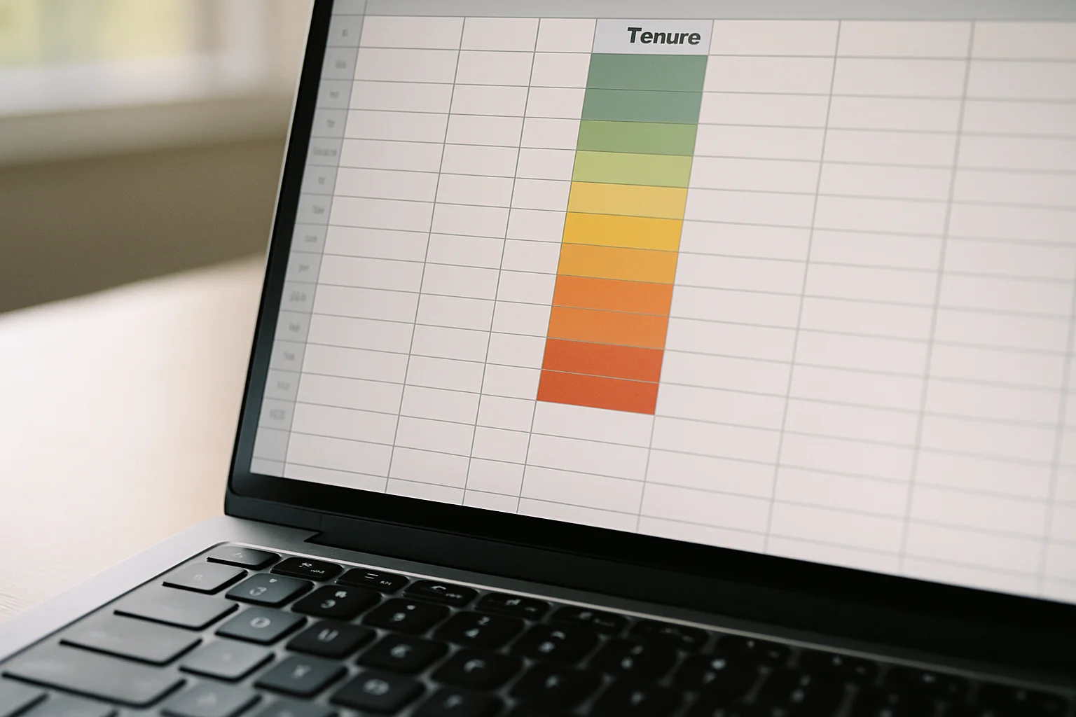 Photo rapprochée d’un tableur sur ordinateur portable avec une colonne dont les cellules ont des couleurs différentes pour représenter une mise en forme conditionnelle selon l’ancienneté.