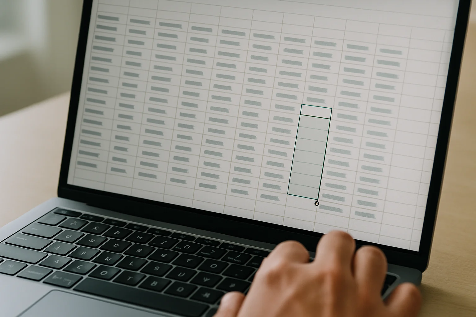 Gros plan sur un tableur où une formule est étendue vers le bas sur plusieurs lignes à l’aide de la poignée de recopie, avec une main utilisant le pavé tactile.