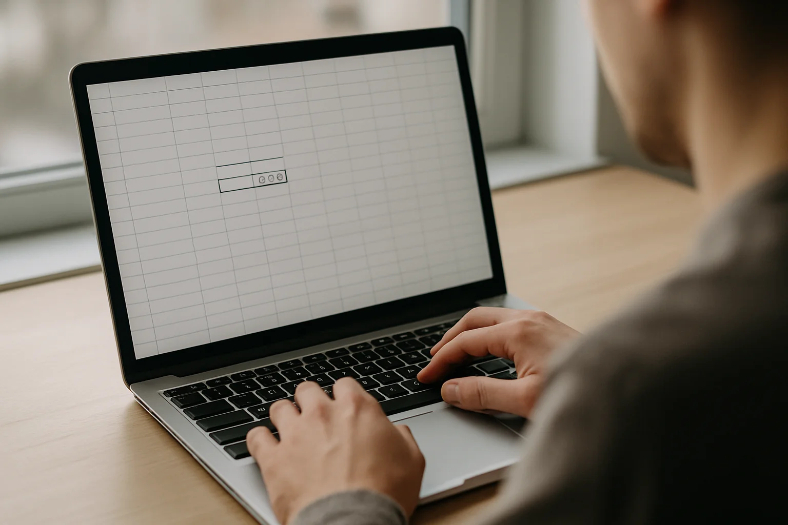 Des mains saisissent une date de début et une date de fin dans un tableur ouvert sur un ordinateur portable, vu par-dessus l’épaule.