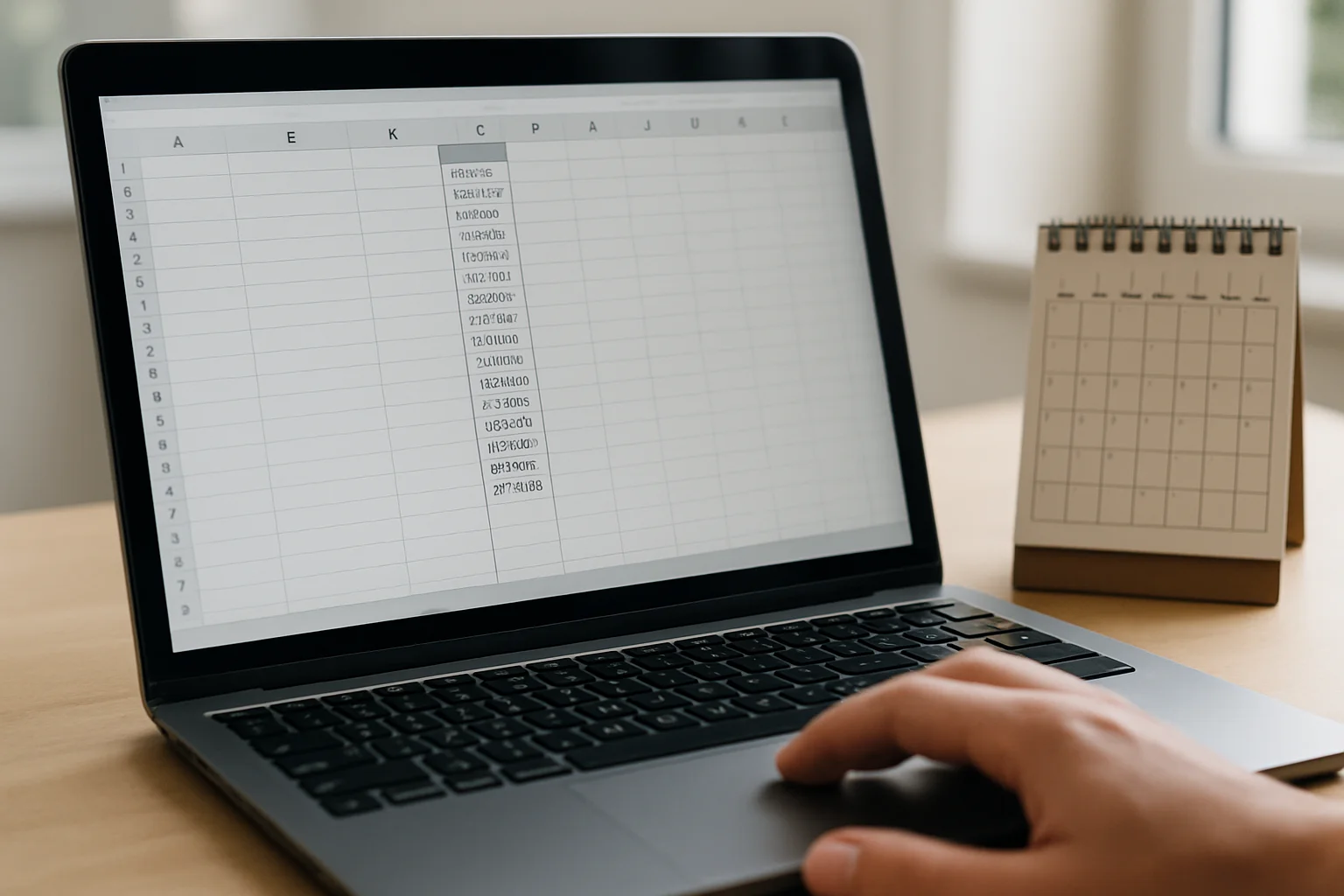 Un écran de tableur montre une colonne remplie de dates de congés, avec une main près du pavé tactile et un petit calendrier sur le bureau.