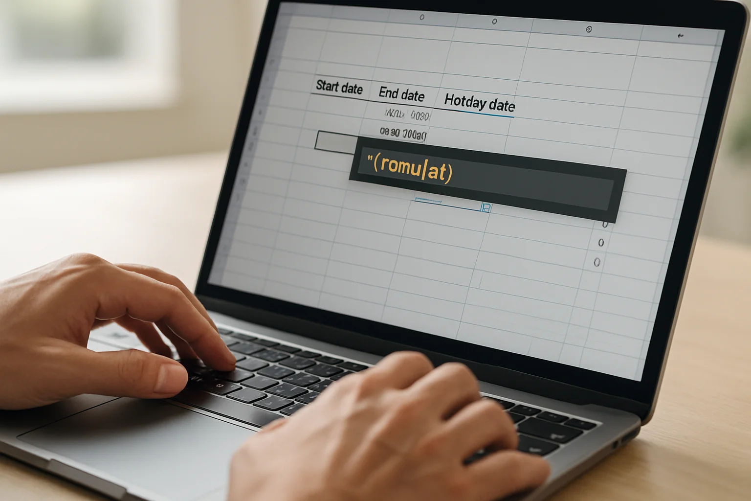 Une formule de calcul est insérée dans une cellule d’un tableur pour compter les jours ouvrés entre deux dates en tenant compte d’une liste de congés.