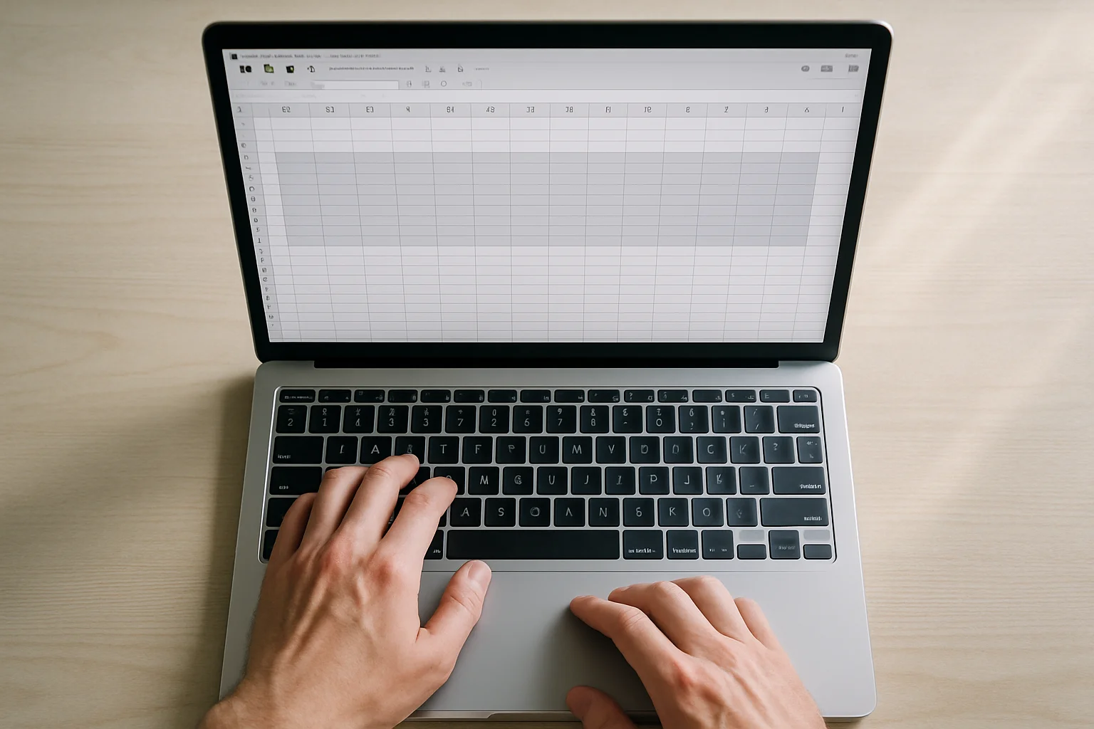 Vue de dessus d’un ordinateur portable avec un tableur affichant une série horizontale de douze colonnes hebdomadaires en cours de génération, avec des mains près du clavier et du pavé tactile.