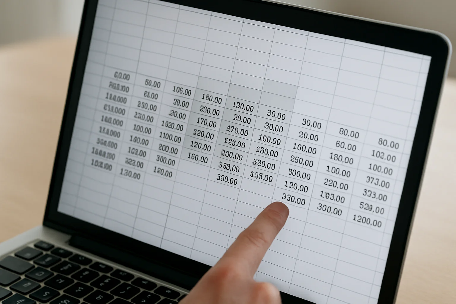 Gros plan sur une feuille de calcul avec plusieurs colonnes intermédiaires répartissant un montant entre différentes tranches, avec un doigt pointant l’écran.