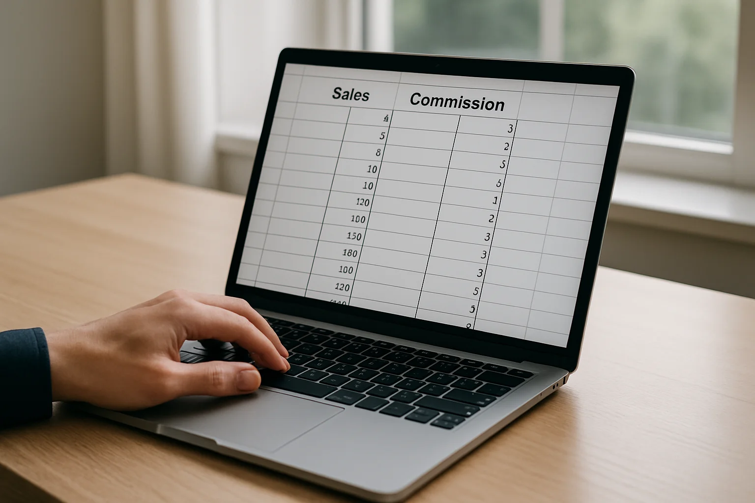 Ordinateur portable montrant un tableau de ventes avec une colonne de résultats de commission remplie sur plusieurs lignes, dans une scène de bureau éclairée naturellement.