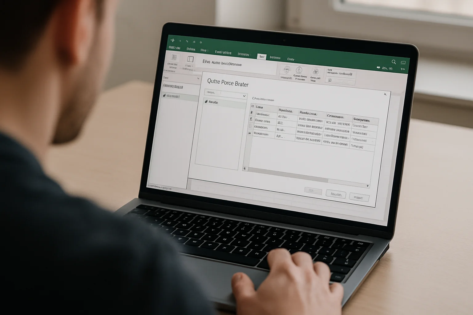 Un ordinateur portable affiche Excel avec Power Query lors d’un import de plusieurs fichiers mensuels depuis un dossier. Une main utilise le pavé tactile dans une lumière naturelle.