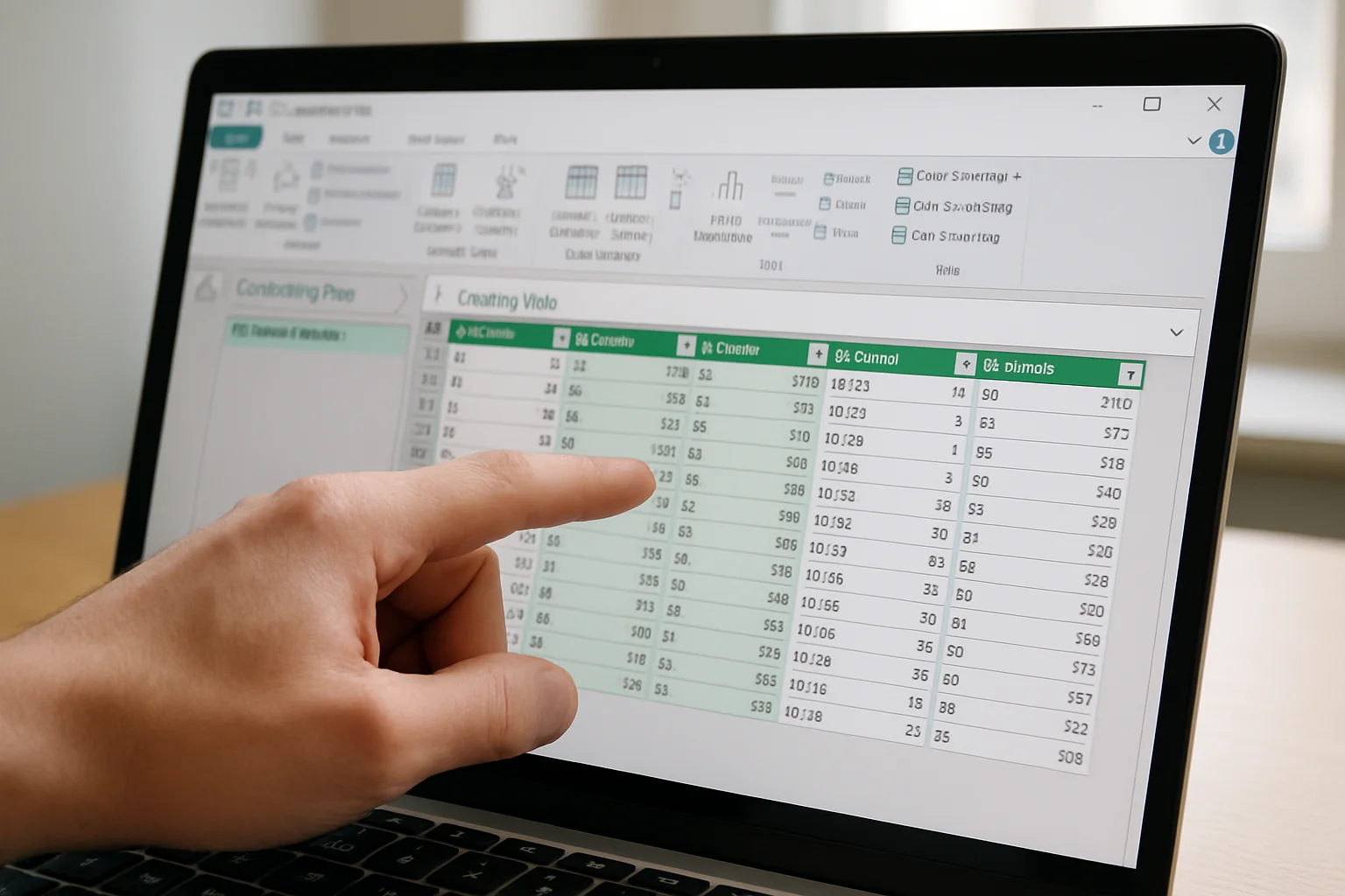 Gros plan sur Power Query dans Excel montrant la combinaison automatique de plusieurs fichiers en un seul tableau consolidé. Une main désigne le résultat à l’écran.
