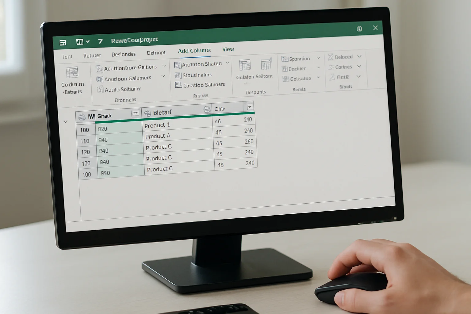 Dans Excel, Power Query affiche un tableau consolidé avec une colonne supplémentaire pour identifier le mois ou le fichier d’origine. Une main manipule la souris.