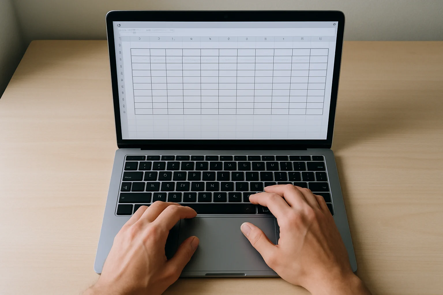 Vue de dessus d’un ordinateur portable affichant une feuille de calcul en cours de mise en forme avec un tableau de saisie des ventes, pendant qu’une personne utilise le clavier et le pavé tactile.