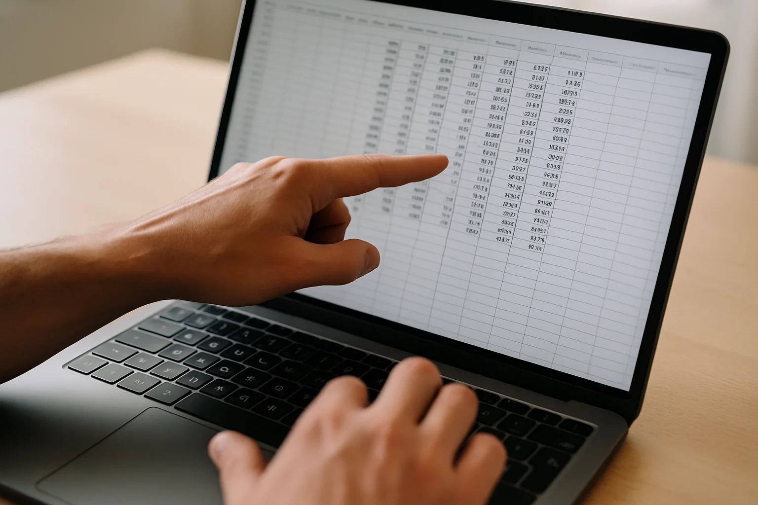 Gros plan sur un tableur affichant plusieurs colonnes de calcul automatique, avec une main pointant la zone calculée pendant qu’une autre utilise le pavé tactile.