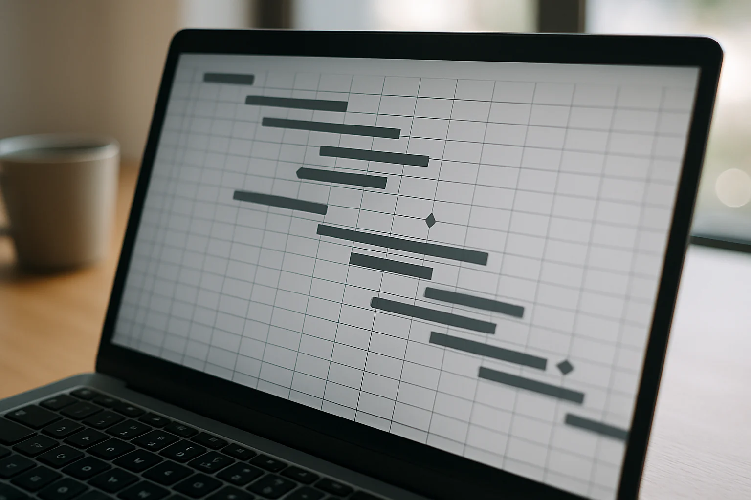 Un écran d’ordinateur portable montre un planning sous forme de barres horizontales avec de petits marqueurs en losange ajoutés à certaines dates comme jalons.