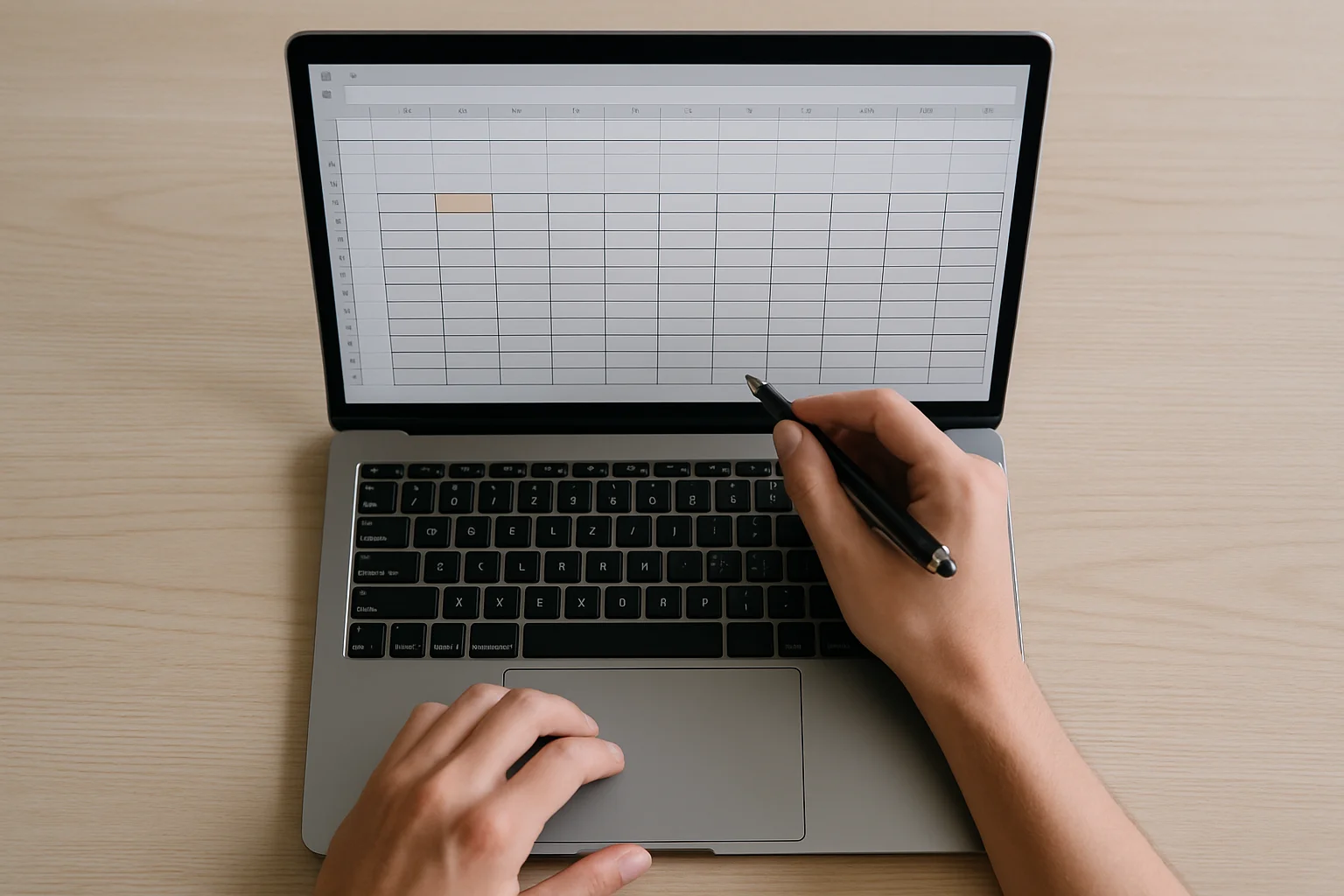 Vue de dessus d’un ordinateur portable avec un tableur, une main saisit la première date de début dans une cellule mise en évidence en haut du tableau.