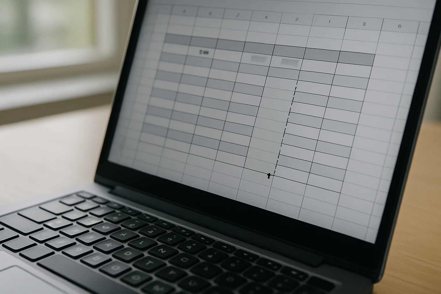 Vue en angle d’un ordinateur affichant un tableau d’échéances. La première ligne est remplie et une action de recopie étend les calculs vers les lignes suivantes. La grille du tableur est nette sur un bureau simple avec lumière naturelle.