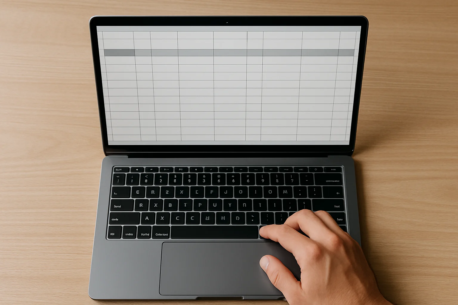 Vue de dessus d’un ordinateur portable affichant un tableau de réservations dans un tableur, avec des lignes et colonnes bien organisées, une main positionnée sur le pavé tactile, sur un bureau sobre éclairé par la lumière du jour.