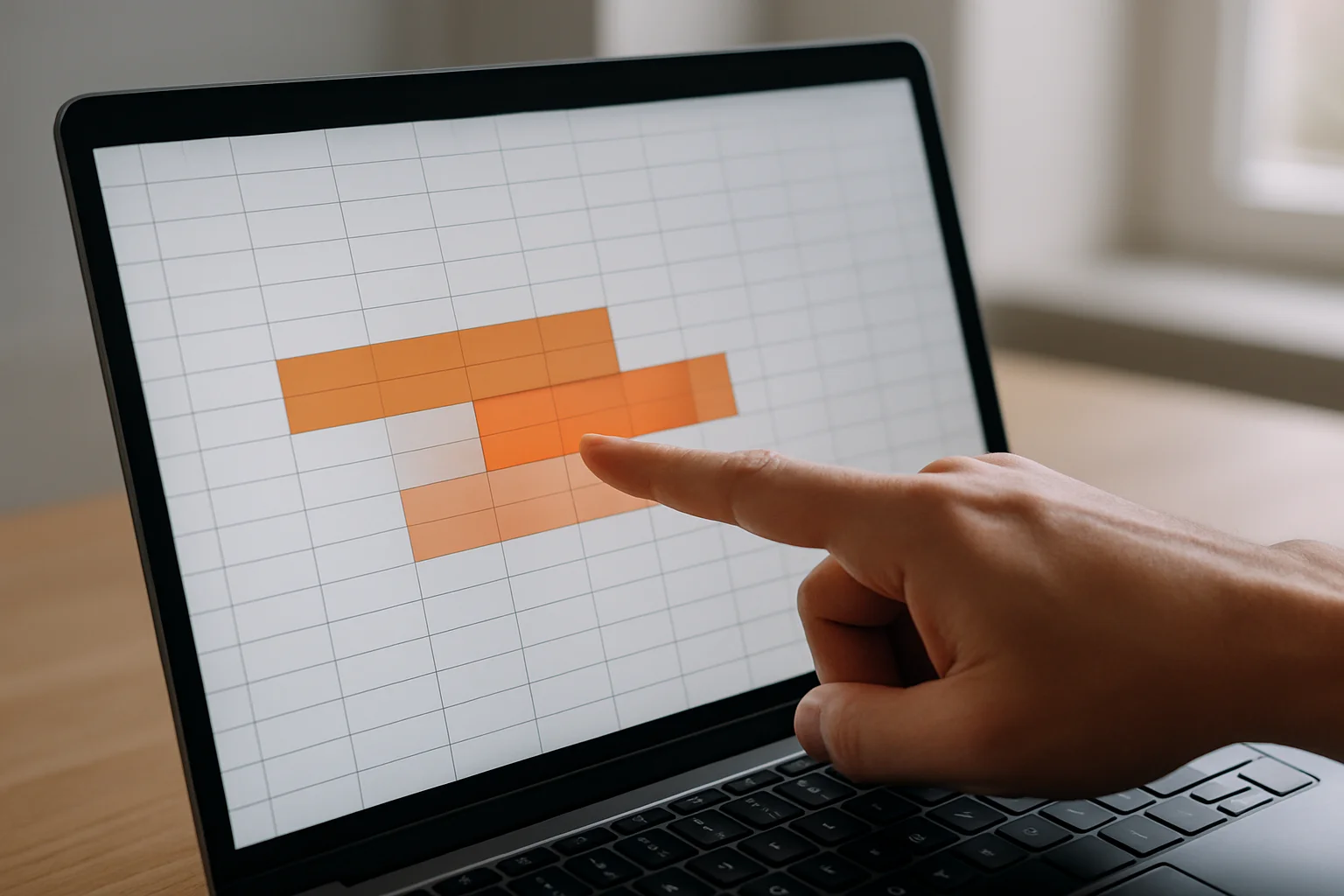 Ordinateur portable montrant un tableur où deux réservations pour une même ressource se chevauchent visuellement sur des cellules de dates, avec un doigt pointant la zone de conflit.