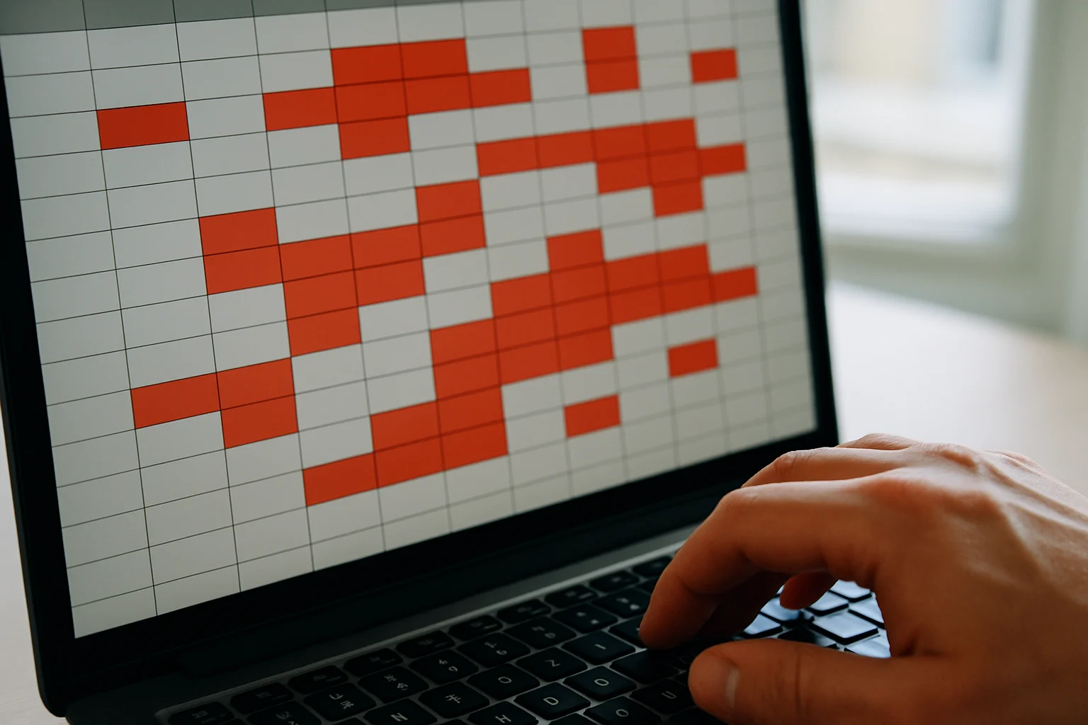 Gros plan sur un tableur où certaines cellules de conflit sont colorées automatiquement en contraste avec le reste du planning, avec une main près du clavier.