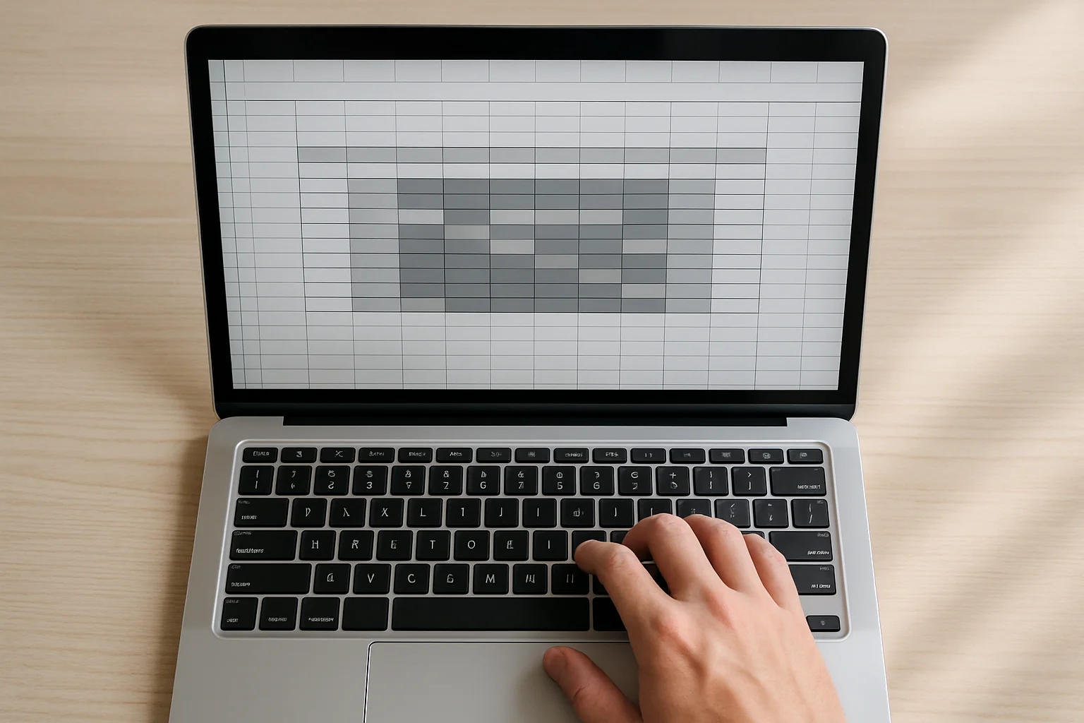Vue de dessus d’un ordinateur portable affichant une grille de tableur avec une petite table de rotation en colonnes et lignes colorées, pendant qu’une main utilise le clavier sur un bureau sobre.