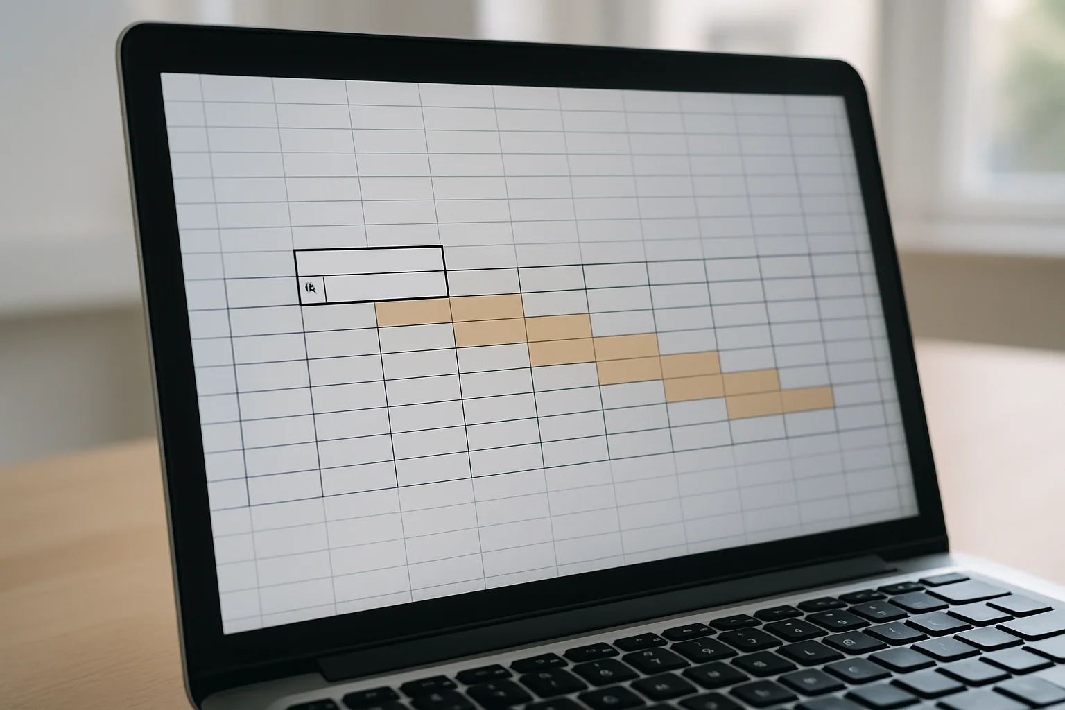 Gros plan sur un tableur affiché à l’écran avec une cellule active et plusieurs cellules surlignées montrant une rotation automatique de répartition dans une grille de dates.