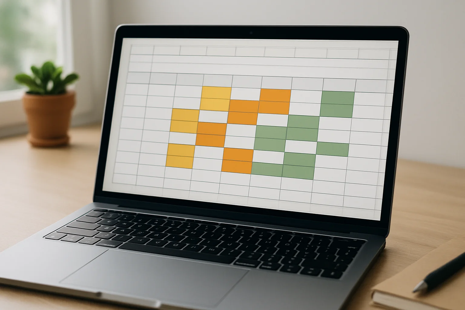 Ordinateur portable affichant un exemple court de planning dans une grille de tableur, avec quelques cellules colorées formant un motif répétitif pour vérifier le résultat.