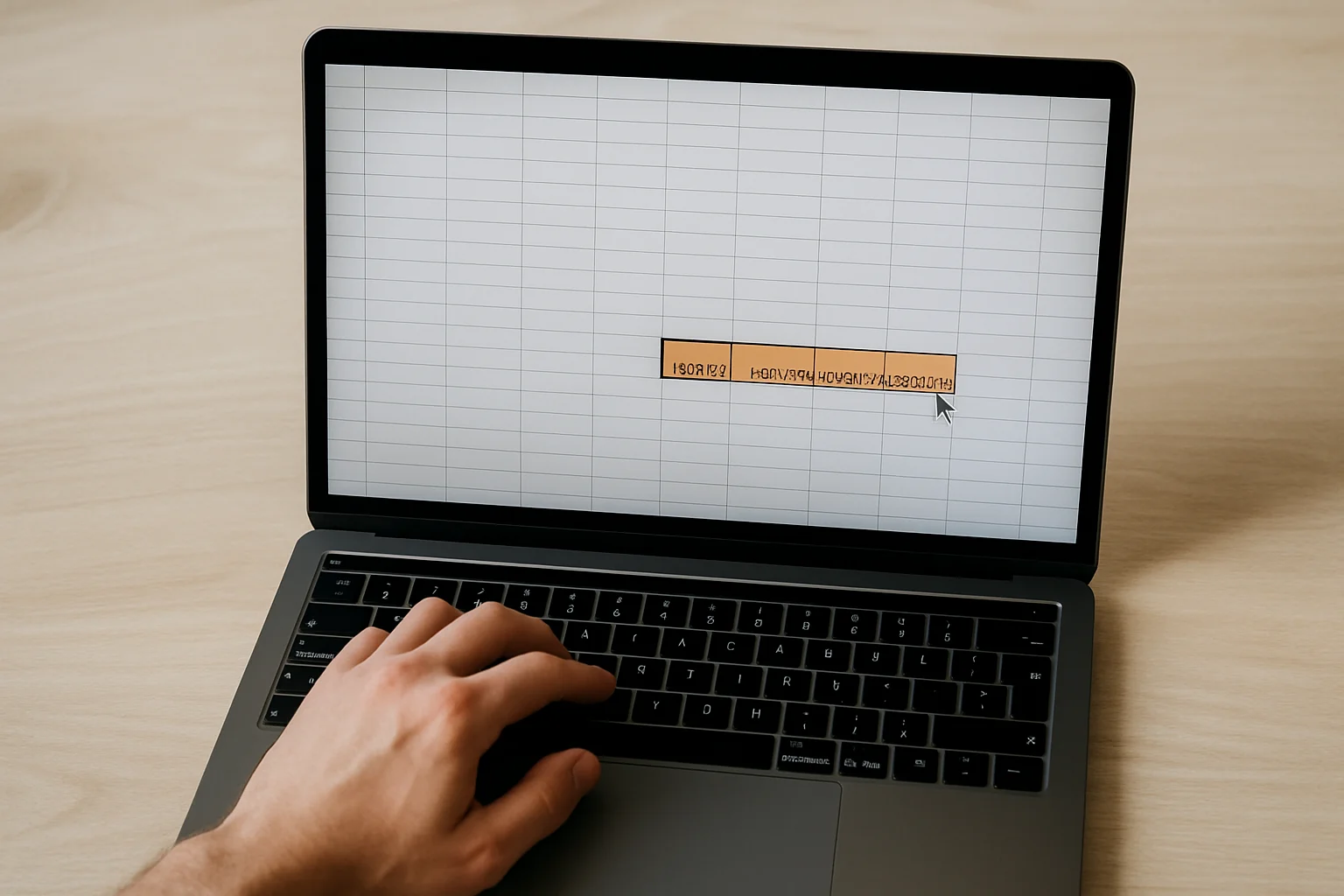 Vue de dessus d’un ordinateur portable avec un tableau de planning, où une cellule de date est étirée horizontalement pour remplir plusieurs colonnes.