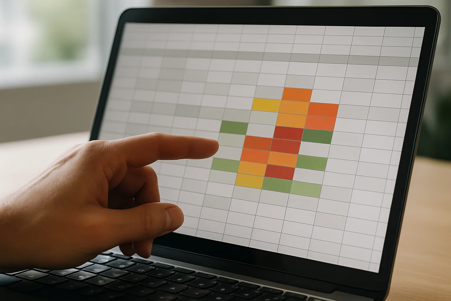 Gros plan sur un planning d’équipe dans un tableur avec plusieurs cellules colorées automatiquement pour signaler des absences.
