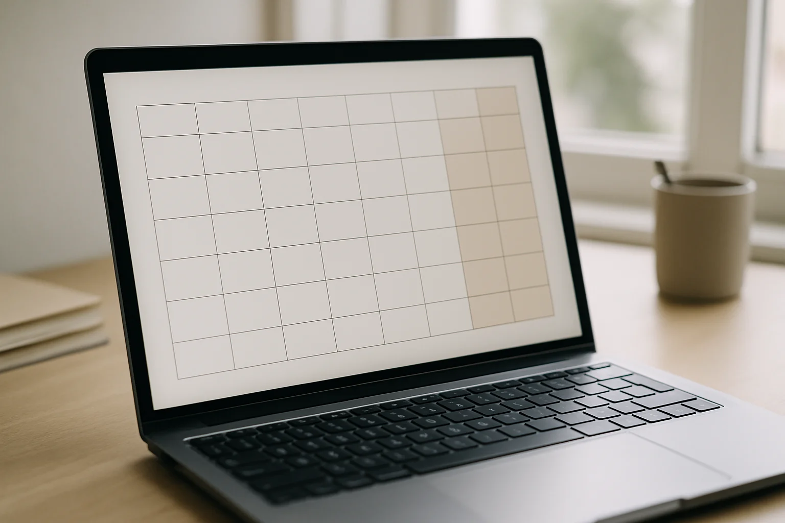 Ordinateur portable affichant un planning mensuel dans un tableur avec certaines colonnes mises en évidence pour représenter les week-ends.
