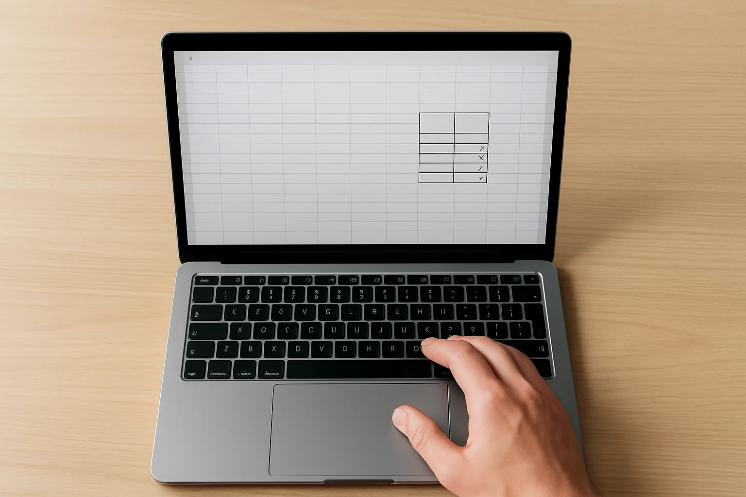 Vue de dessus d’un ordinateur portable avec une grille de tableur où une petite zone structurée sert de tableau de plafonds, manipulée à la main sur un bureau épuré.
