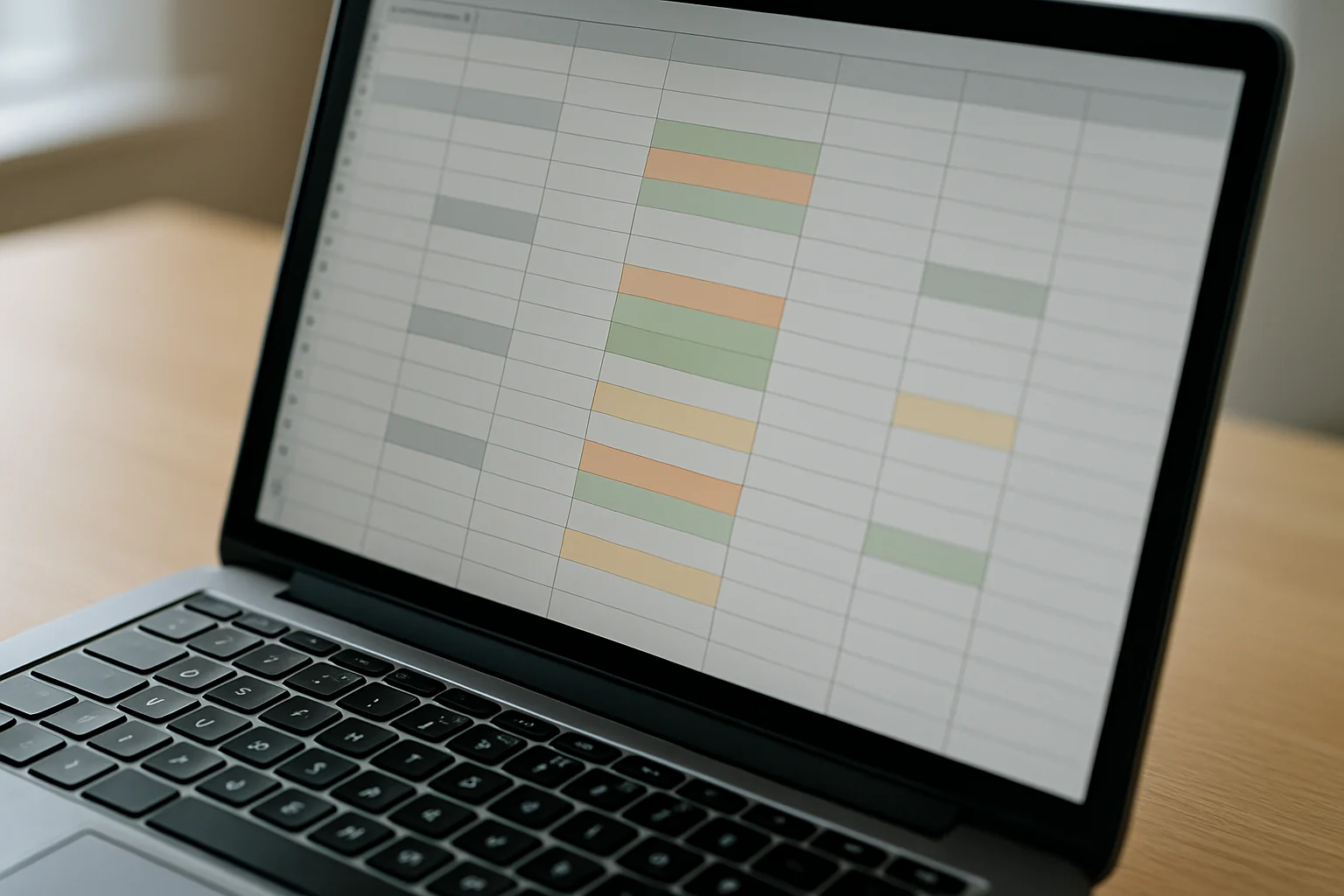 Gros plan sur un tableur affiché à l’écran avec plusieurs cellules colorées automatiquement pour illustrer une mise en forme conditionnelle.
