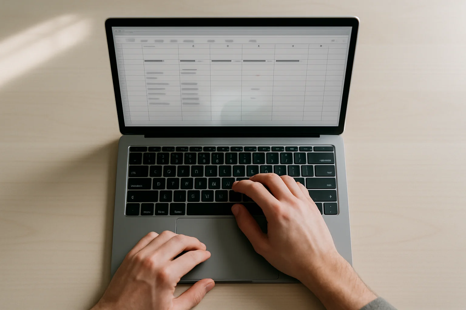 Vue de dessus d’un ordinateur portable avec un tableur partiellement rempli de données de base, une main saisit des valeurs au clavier dans un espace de travail minimaliste.