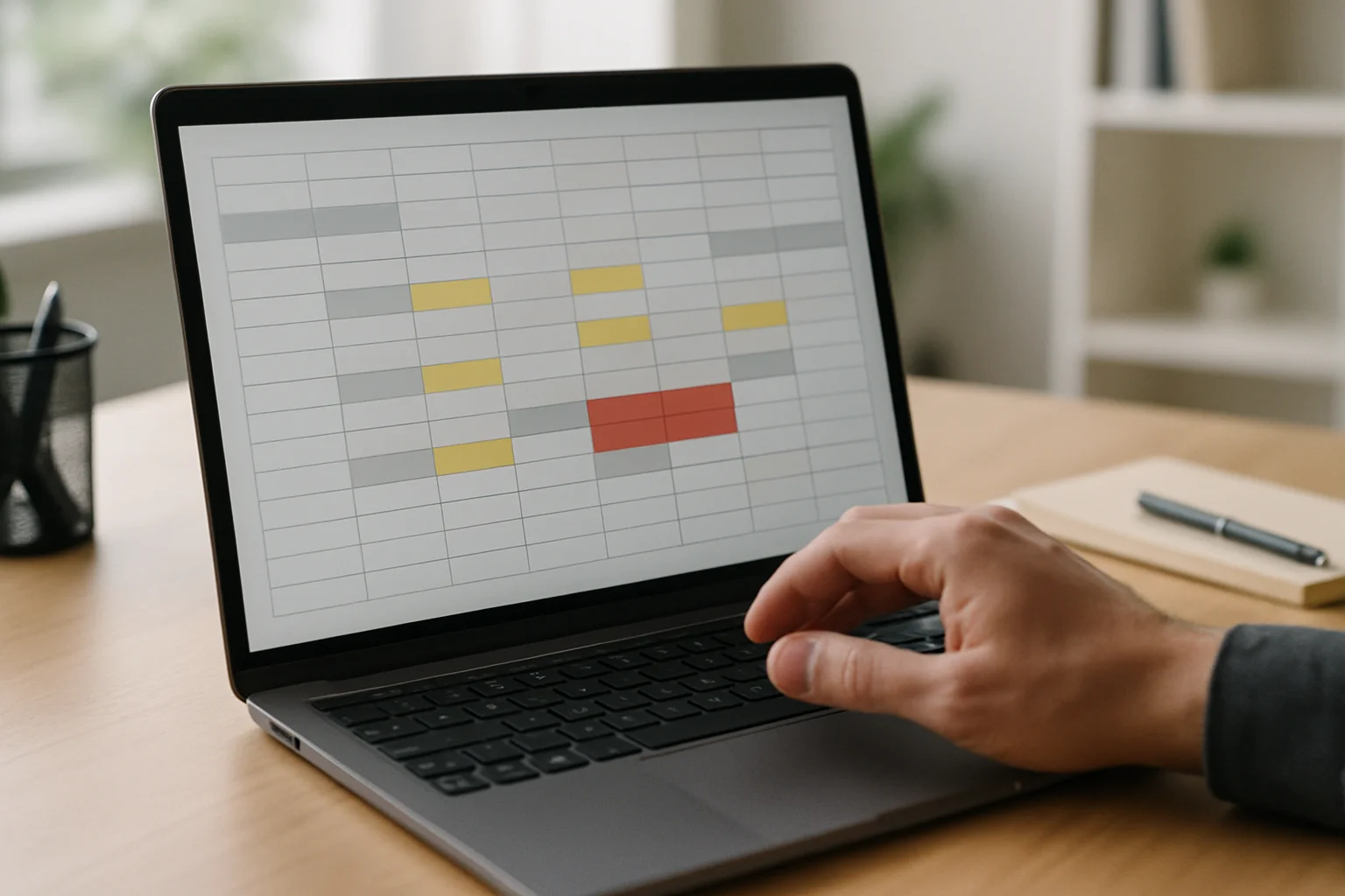 Ordinateur portable affichant une feuille de calcul avec des cellules de dates et de montants mises en avant visuellement pour illustrer le calcul du retard et d’une pénalité estimée.