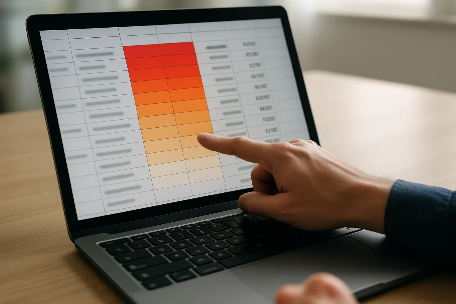 Gros plan sur une feuille de calcul affichée sur un ordinateur portable, avec une colonne de cellules colorées pour représenter une priorité de règlement entre plusieurs factures.