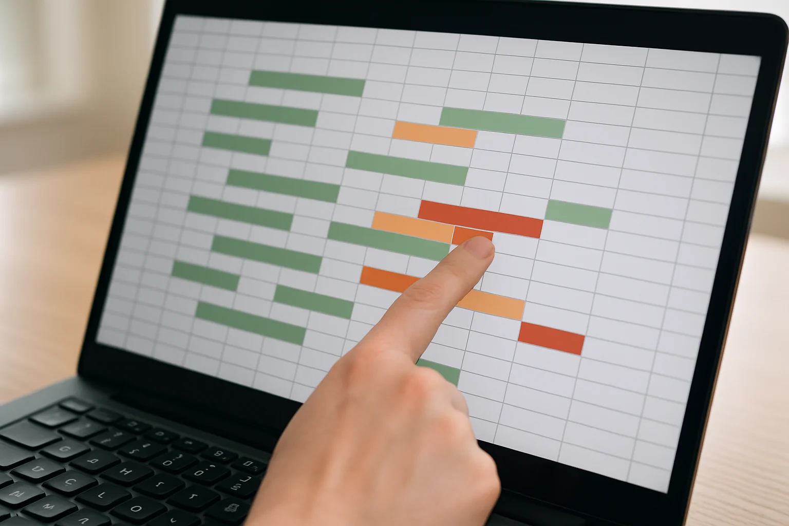 Une feuille de calcul montre plusieurs périodes d’absence dans un tableau, avec des cellules colorées pour signaler des chevauchements entre certaines lignes. Une main pointe la zone en conflit.
