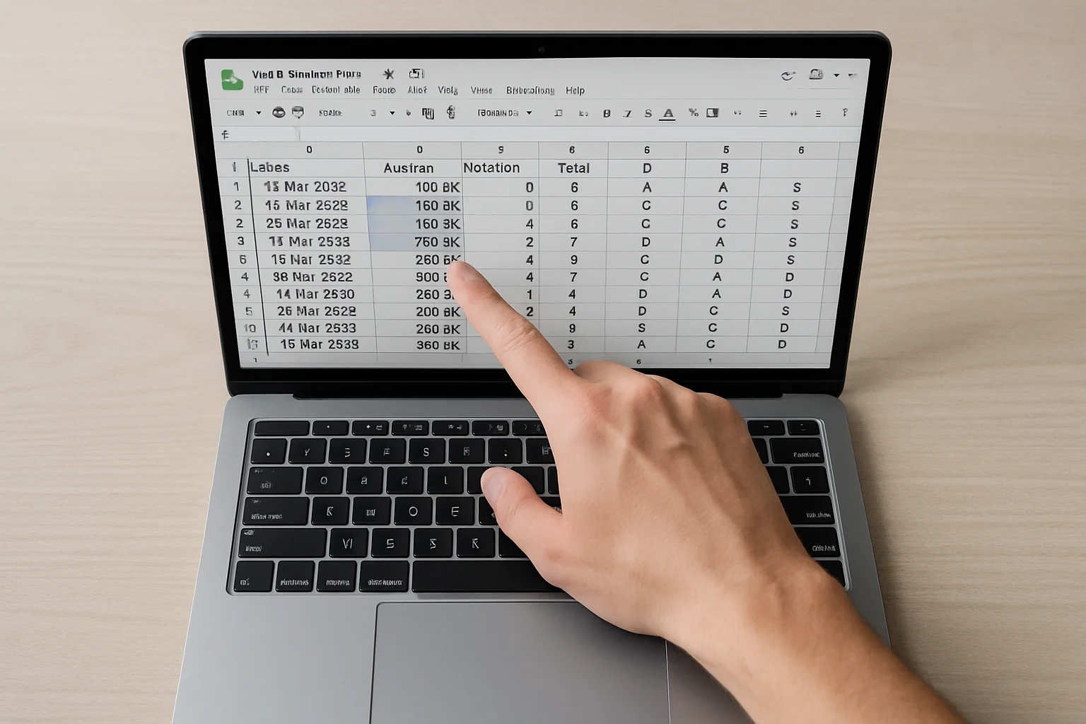 Vue de dessus d’un ordinateur portable affichant des données sources de ventes dans un tableur pendant qu’une main sélectionne des cellules pour vérifier les dates, montants, quantités, noms de colonnes et libellés.