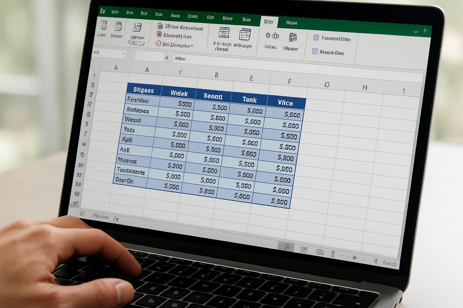 Gros plan sur un ordinateur portable montrant une plage de données sélectionnée dans un tableur au moment de sa conversion en tableau Excel structuré, avec une main sur le pavé tactile.