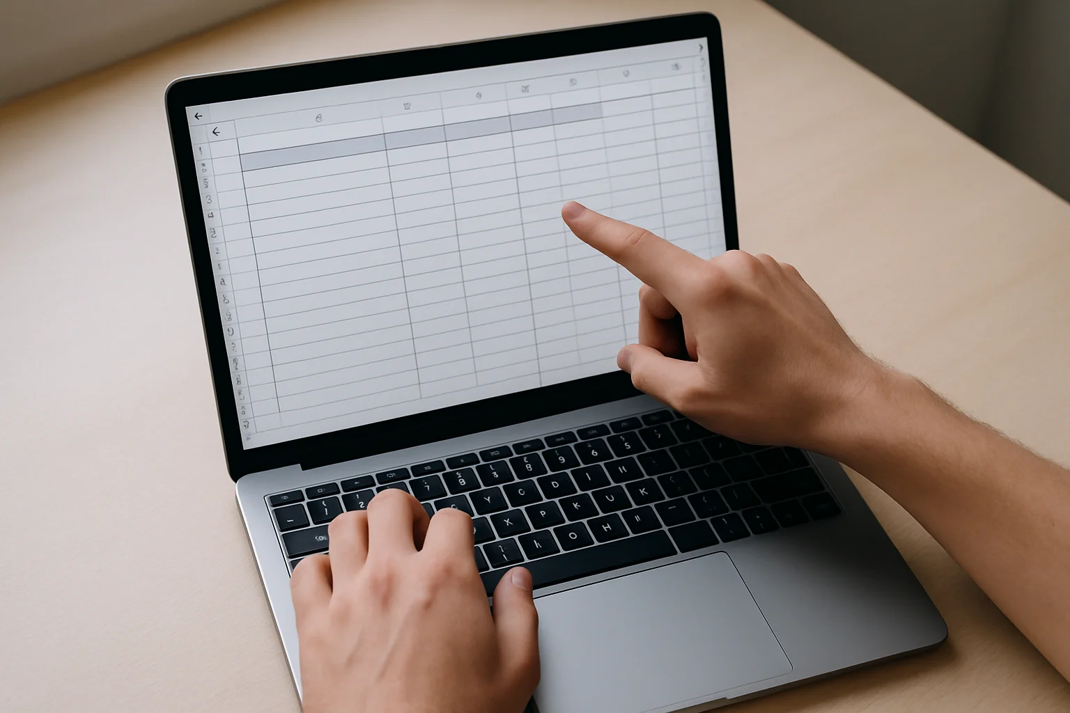 Ordinateur portable affichant une feuille de calcul organisée en tableau avec plusieurs colonnes et une ligne d’en-tête mise en forme, vu de dessus.