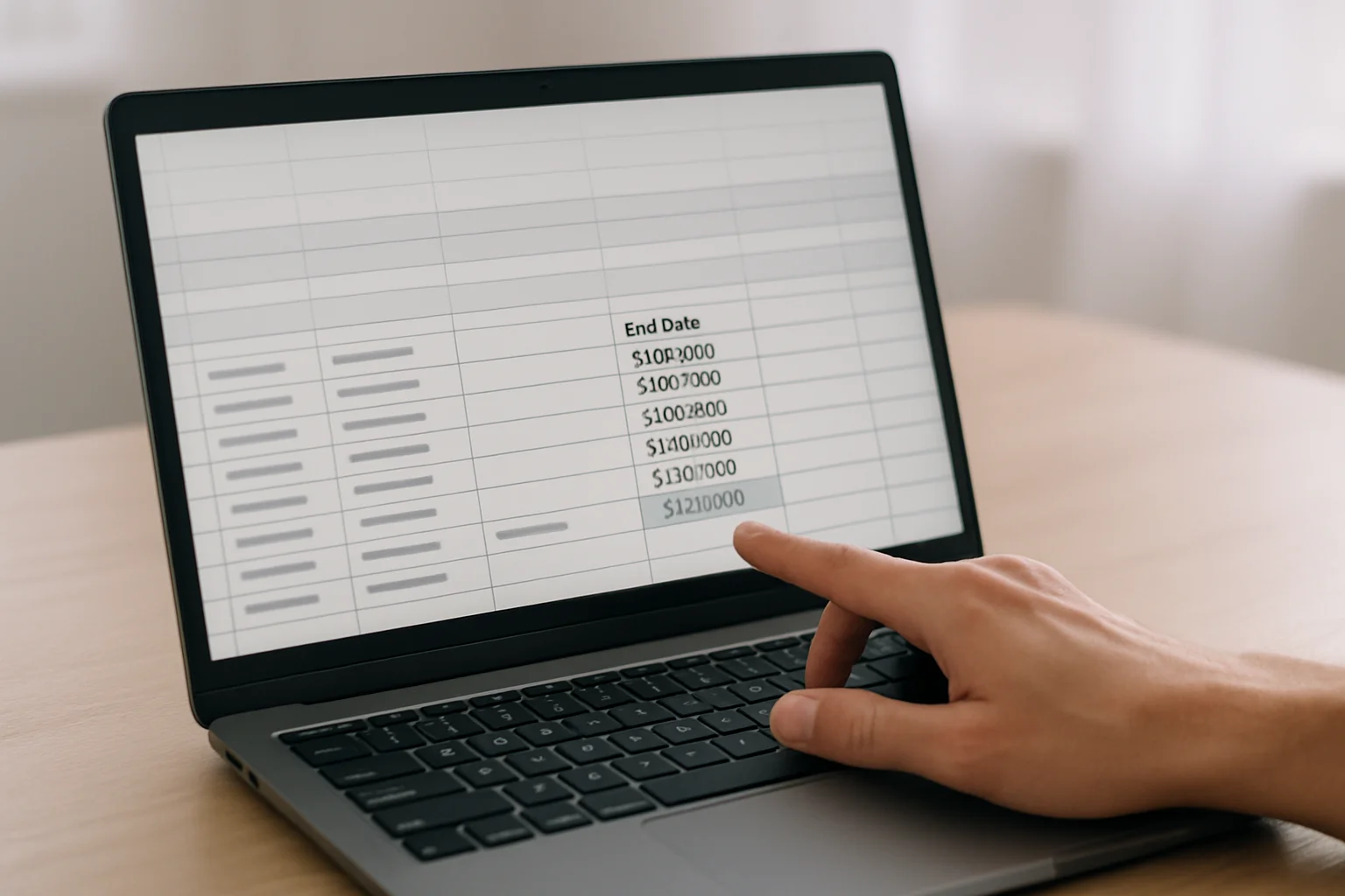 Feuille de calcul sur un ordinateur portable montrant une date d’échéance initiale et une prochaine échéance calculée pour un renouvellement automatique.