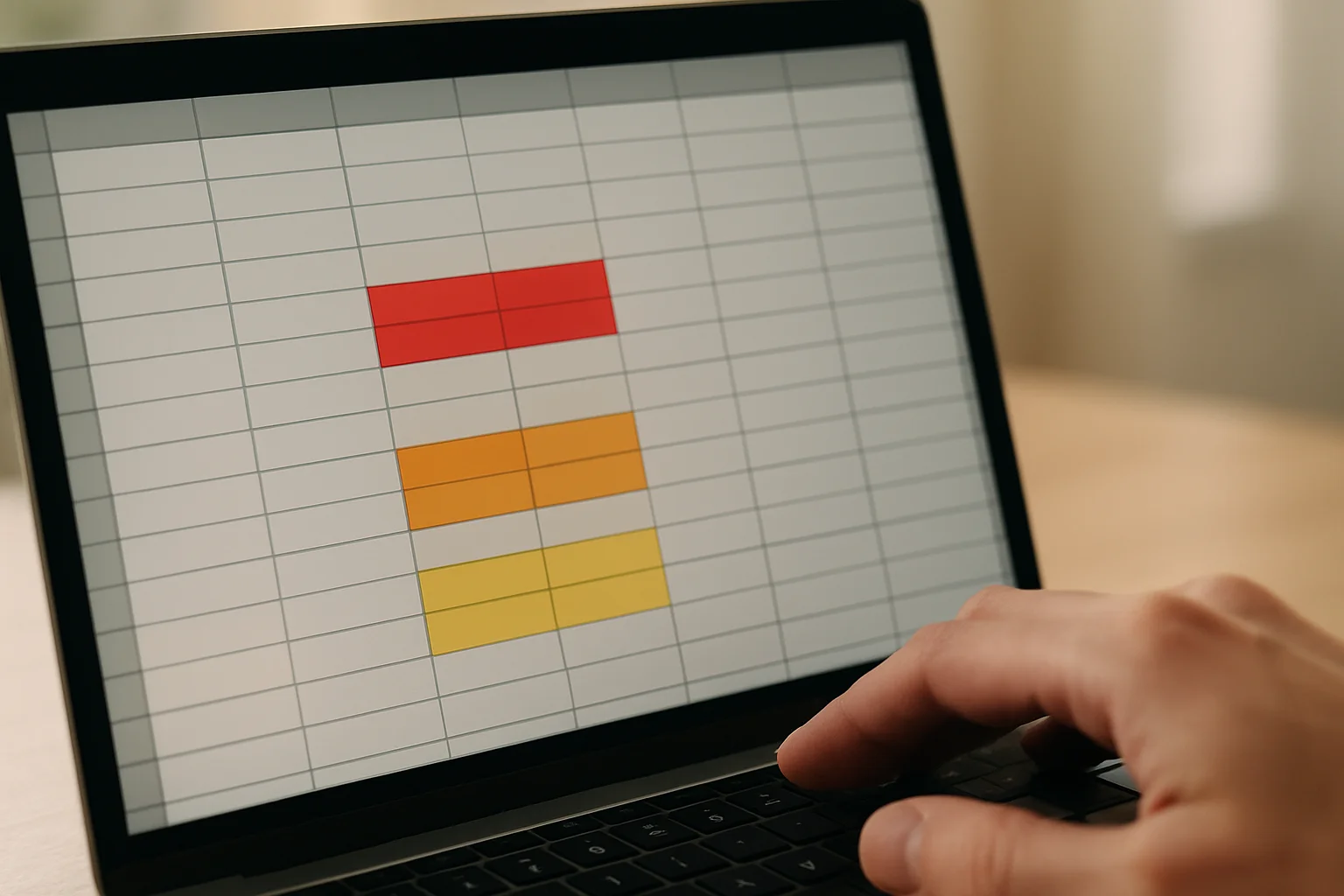 Tableau de suivi sur un ordinateur portable avec certaines cellules de dates mises en évidence par des couleurs pour signaler des alertes.