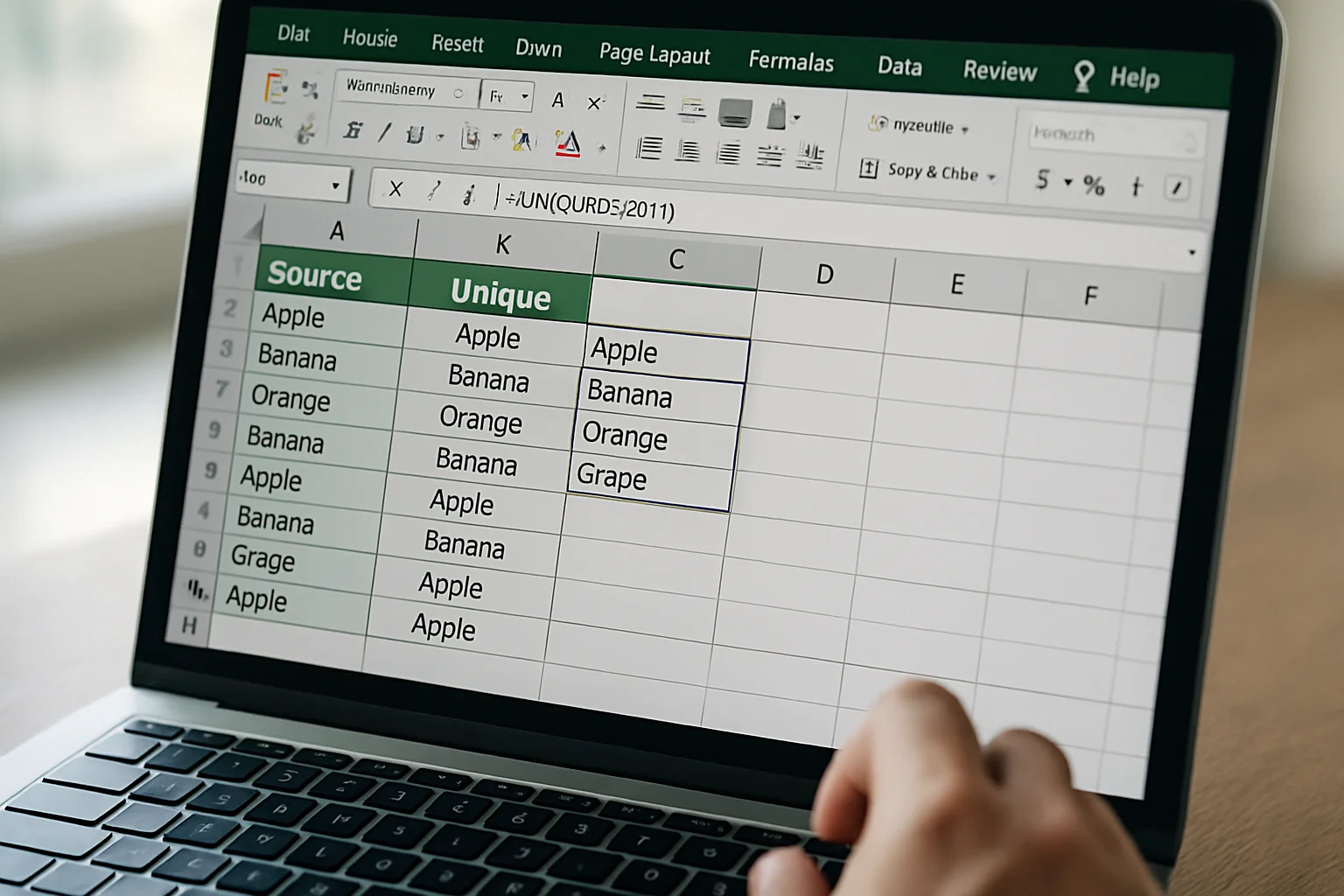 Gros plan d’un écran d’ordinateur affichant une feuille Excel avec une colonne source dans un tableau structuré et, à côté, une liste de valeurs uniques générée dans une autre colonne.