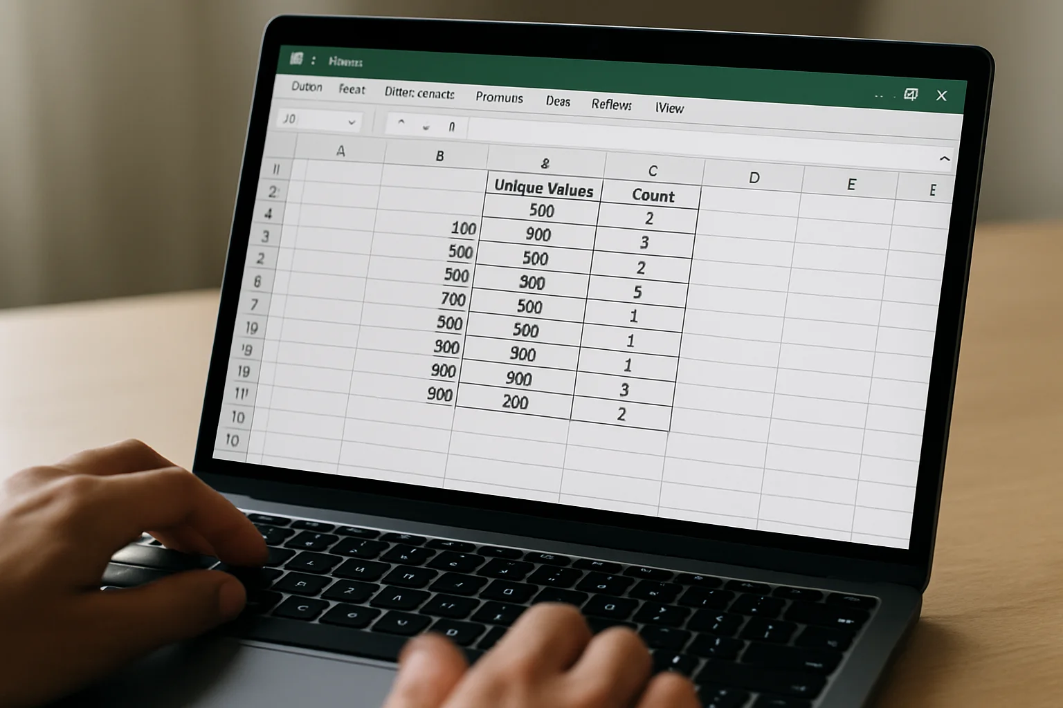 Écran d’ordinateur montrant dans Excel une liste de valeurs uniques accompagnée d’une colonne de comptage des occurrences calculées à partir du tableau source.