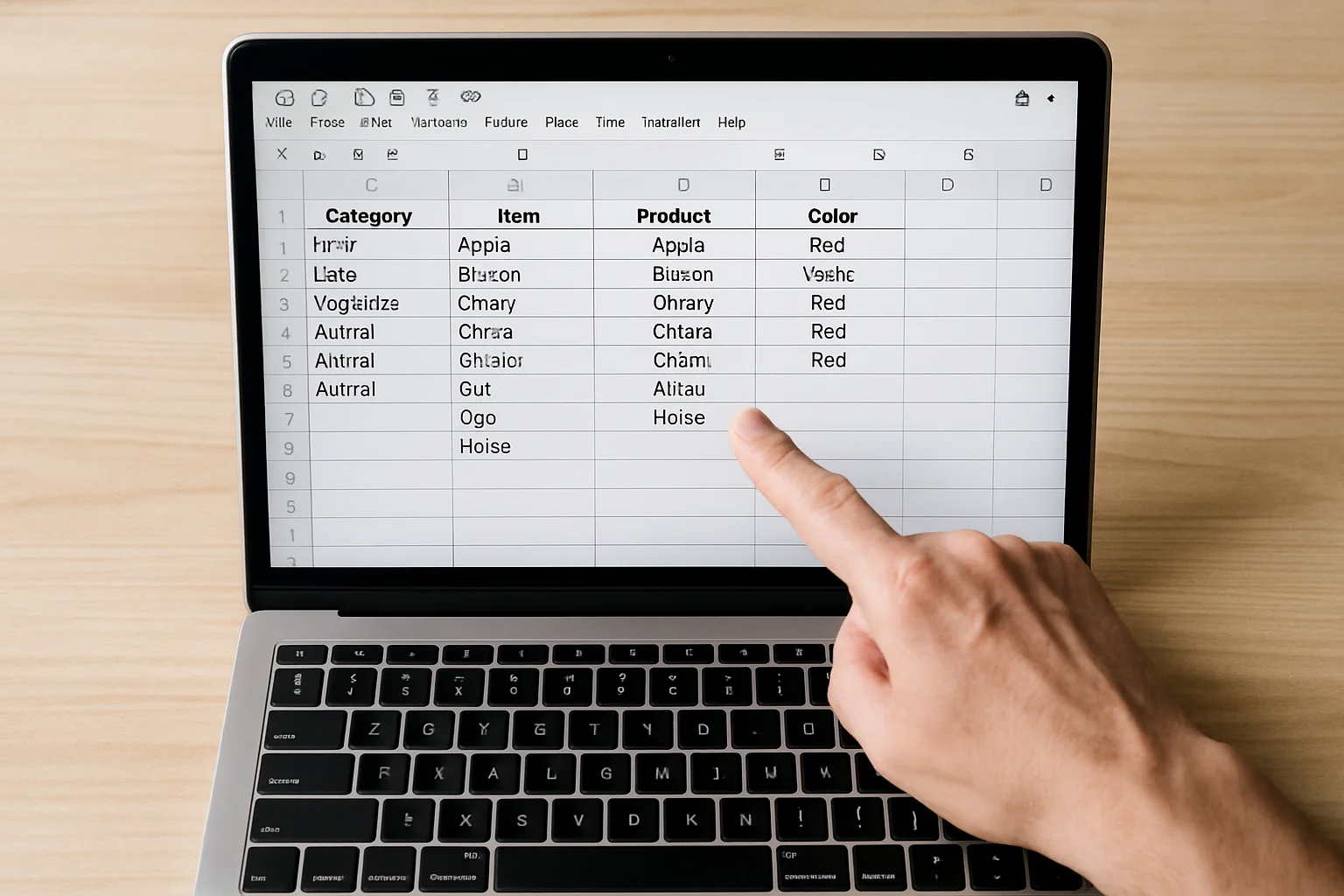 Données sources bien organisées dans un tableur sur un ordinateur portable, avec une main pointant la zone structurée.