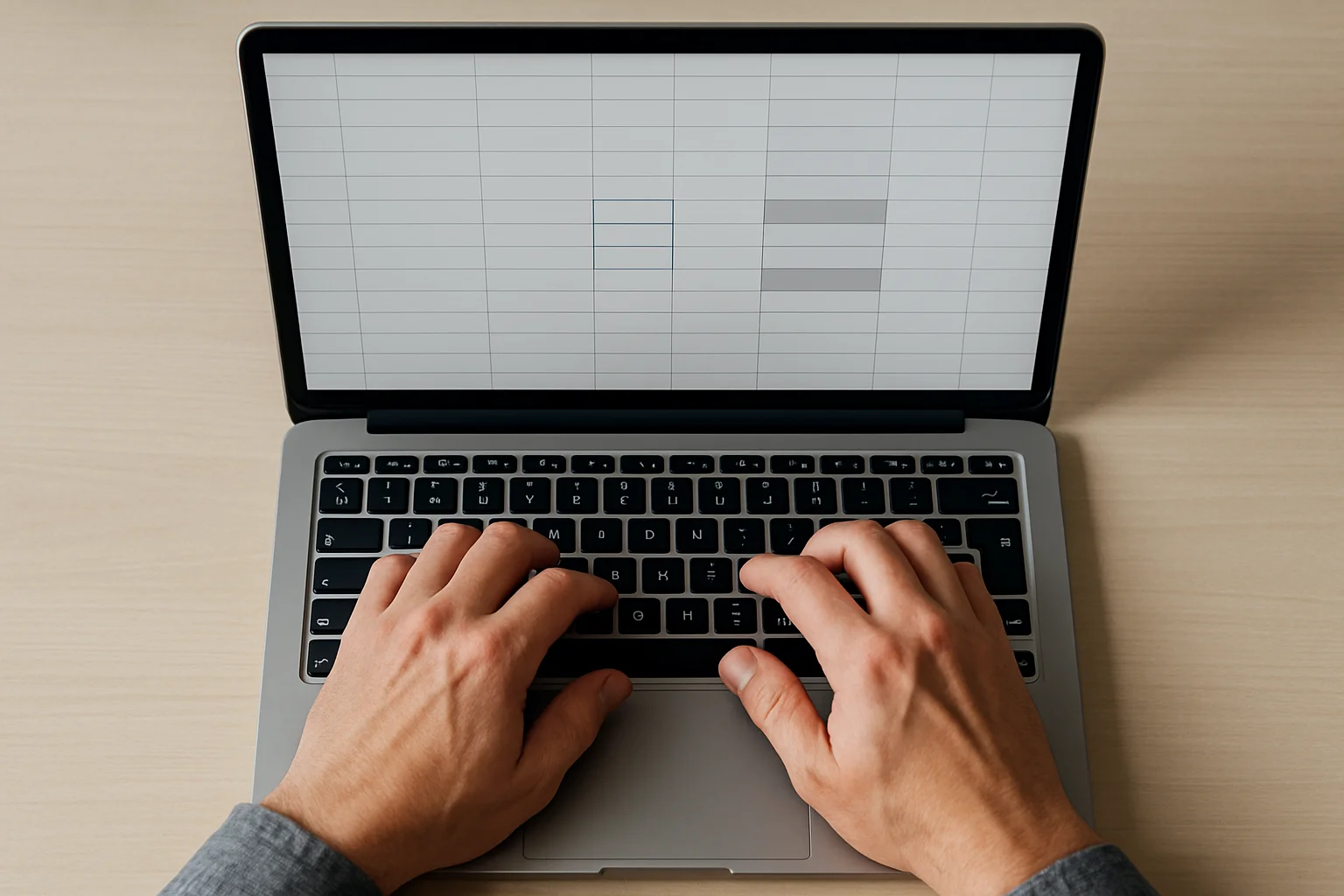 Vue en plongée d’un ordinateur portable avec un tableau de feuille de calcul pendant la saisie de dates et de périodicités dans des cellules adjacentes, avec les mains sur le clavier.
