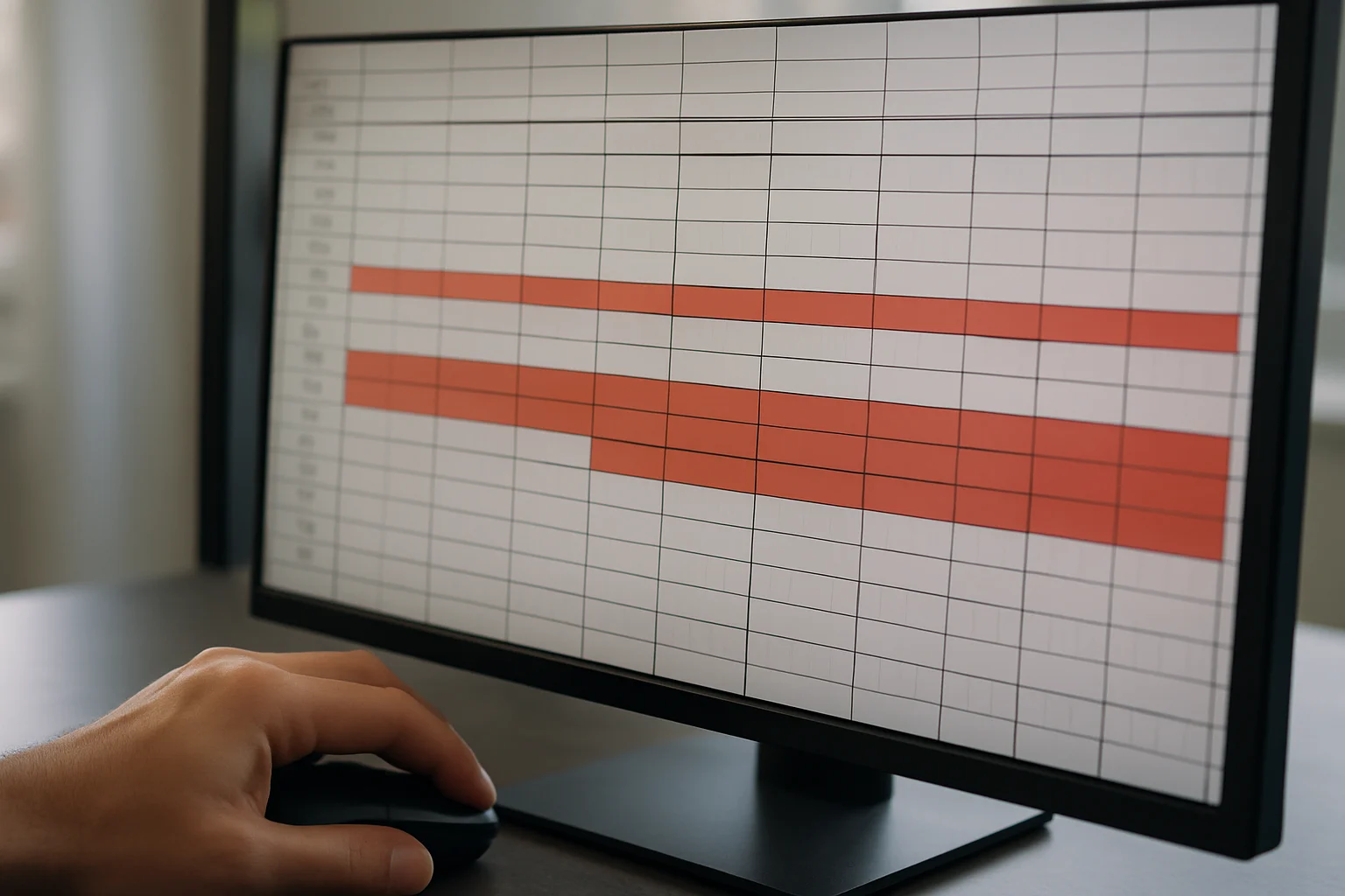 Gros plan sur une feuille de calcul où plusieurs lignes sont mises en évidence pour signaler des interventions de maintenance en retard, avec une main sur la souris.