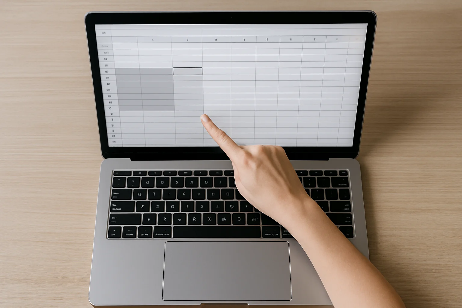 Vue de dessus d’un ordinateur portable avec un tableau de type feuille de calcul, une zone de cellules mise en évidence pour répartir une première tranche d’heures supplémentaires, avec une main pointant l’écran.
