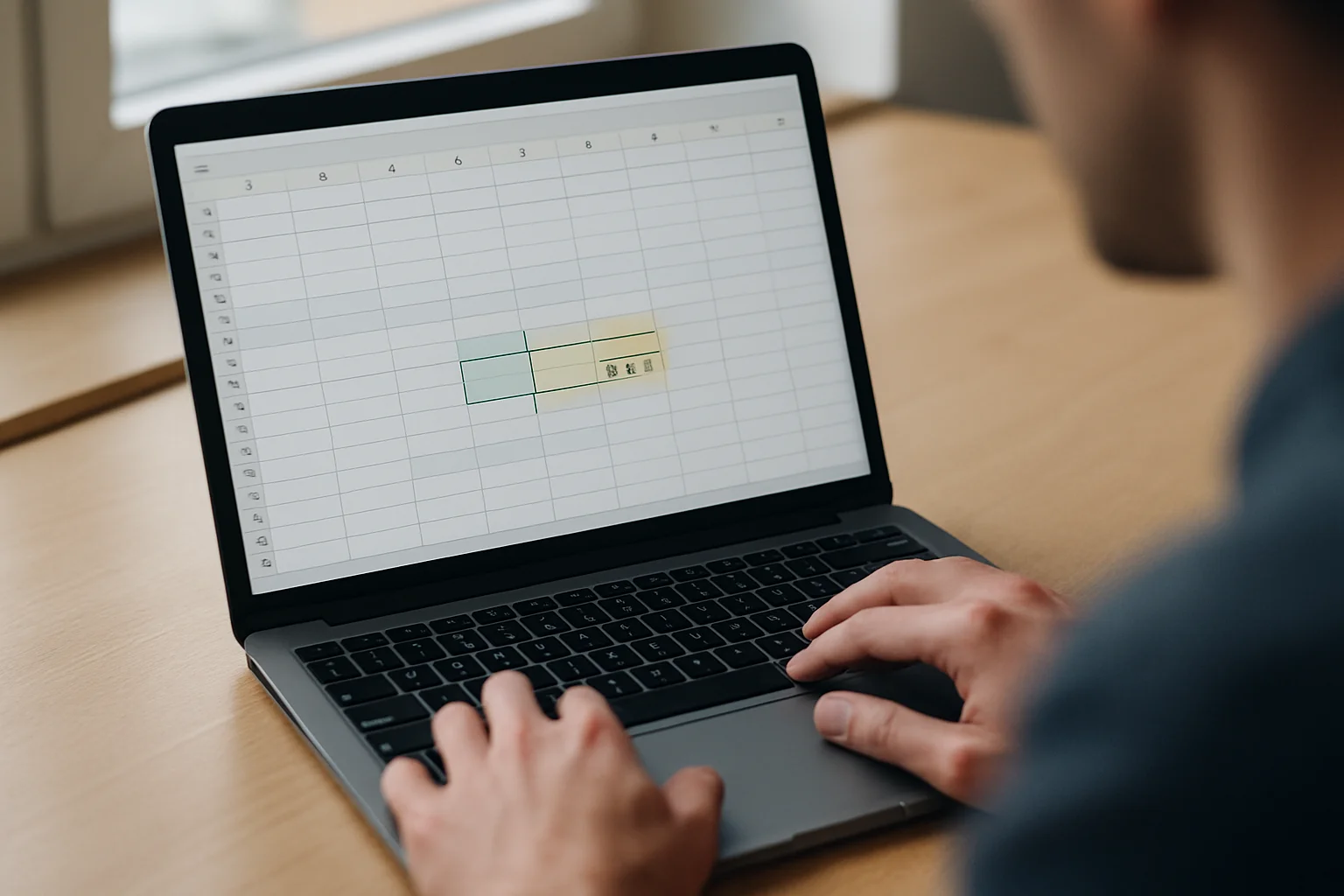 Mains utilisant un ordinateur portable avec un tableau pour calculer la date du prochain contact, avec une cellule de date sélectionnée et des zones mises en évidence.